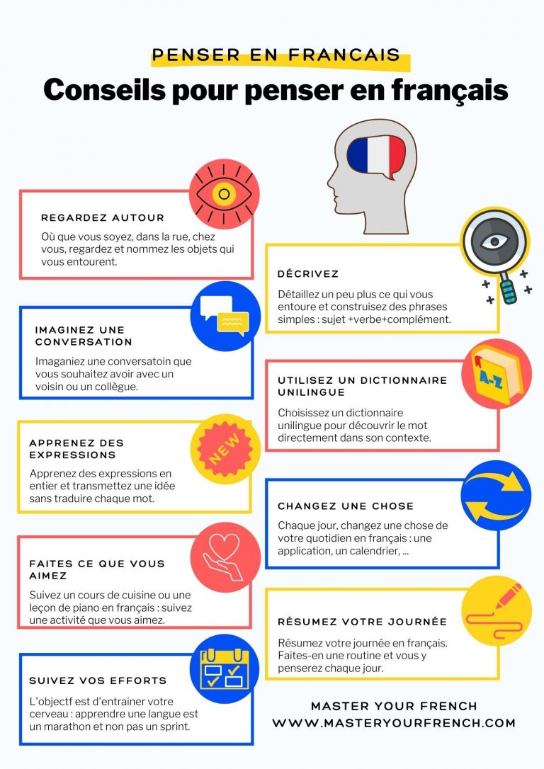 infographie 9 conseils pour apprendre à penser en français